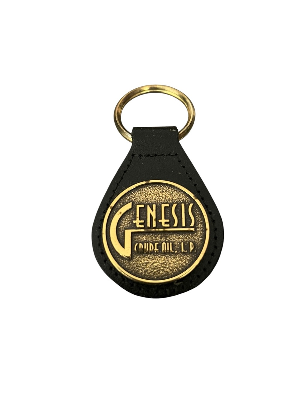 Genesis Crude Oil Stitched Leather Key Fob Gold Tone Metal Medallion Key Holder